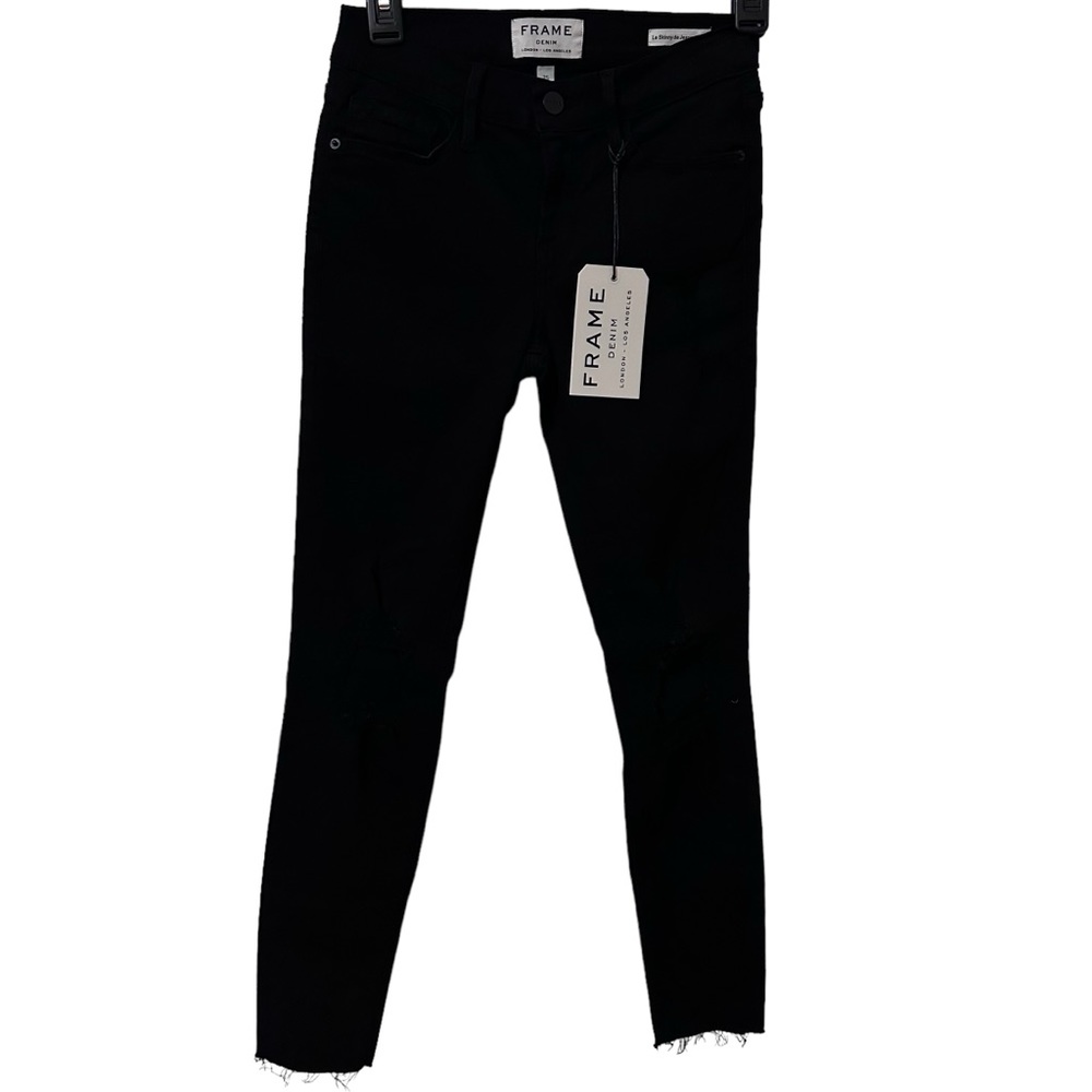 Frame Denim Le Skinny De Jeanne Crop Size 25 Black Distressed‎ Raw Hem NWT